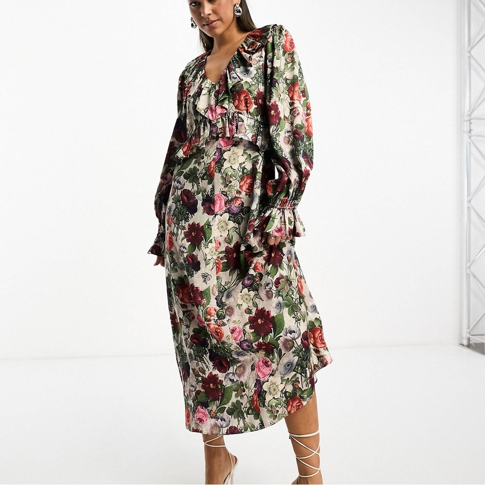 & Other Stories v neck frill midi dress in vintage floral print